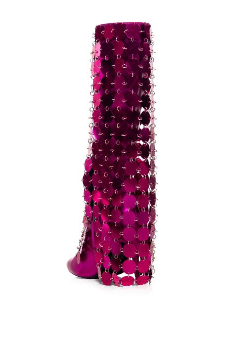 back view of metallic pink pointed toe stiletto heels with discoball style circular shiny fuchsia fold over silhouette overlay