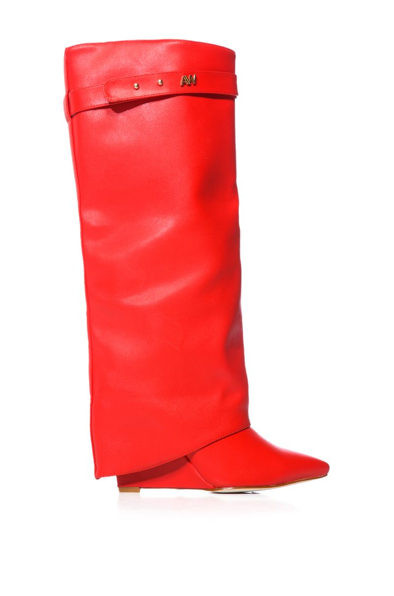 fashion forward red faux leather wedge fold over boots with a pointed toe