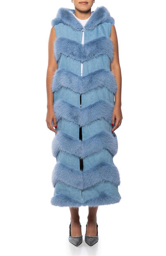 blue and denim chevron print faux fur trench vest