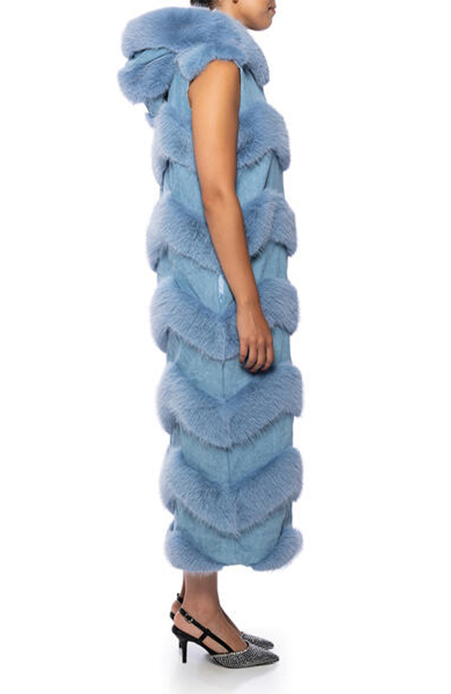 side view of blue and denim chevron print faux fur trench vest