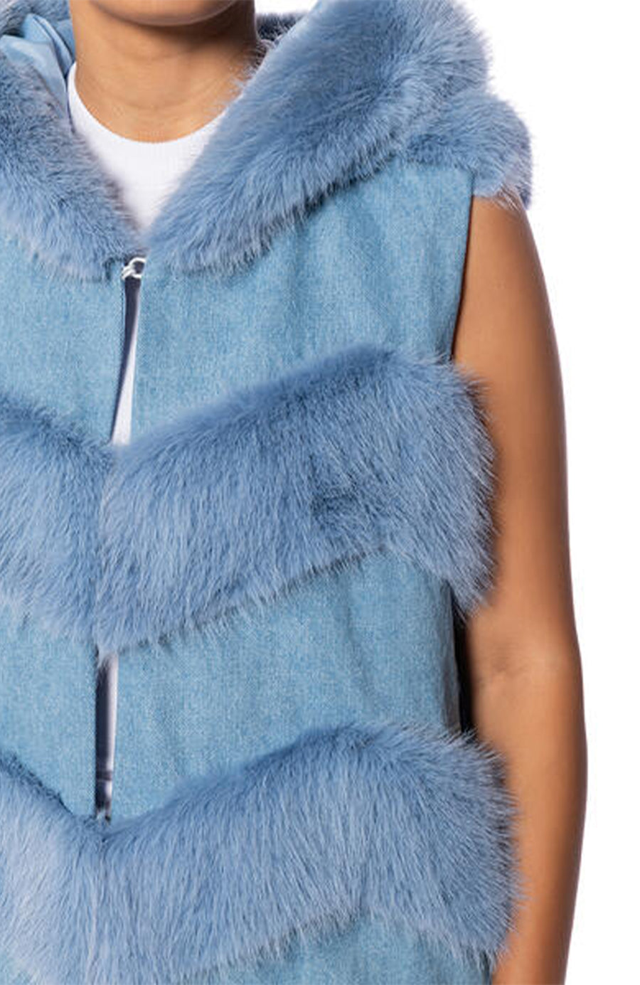 detail shot of blue and denim chevron print faux fur trench vest