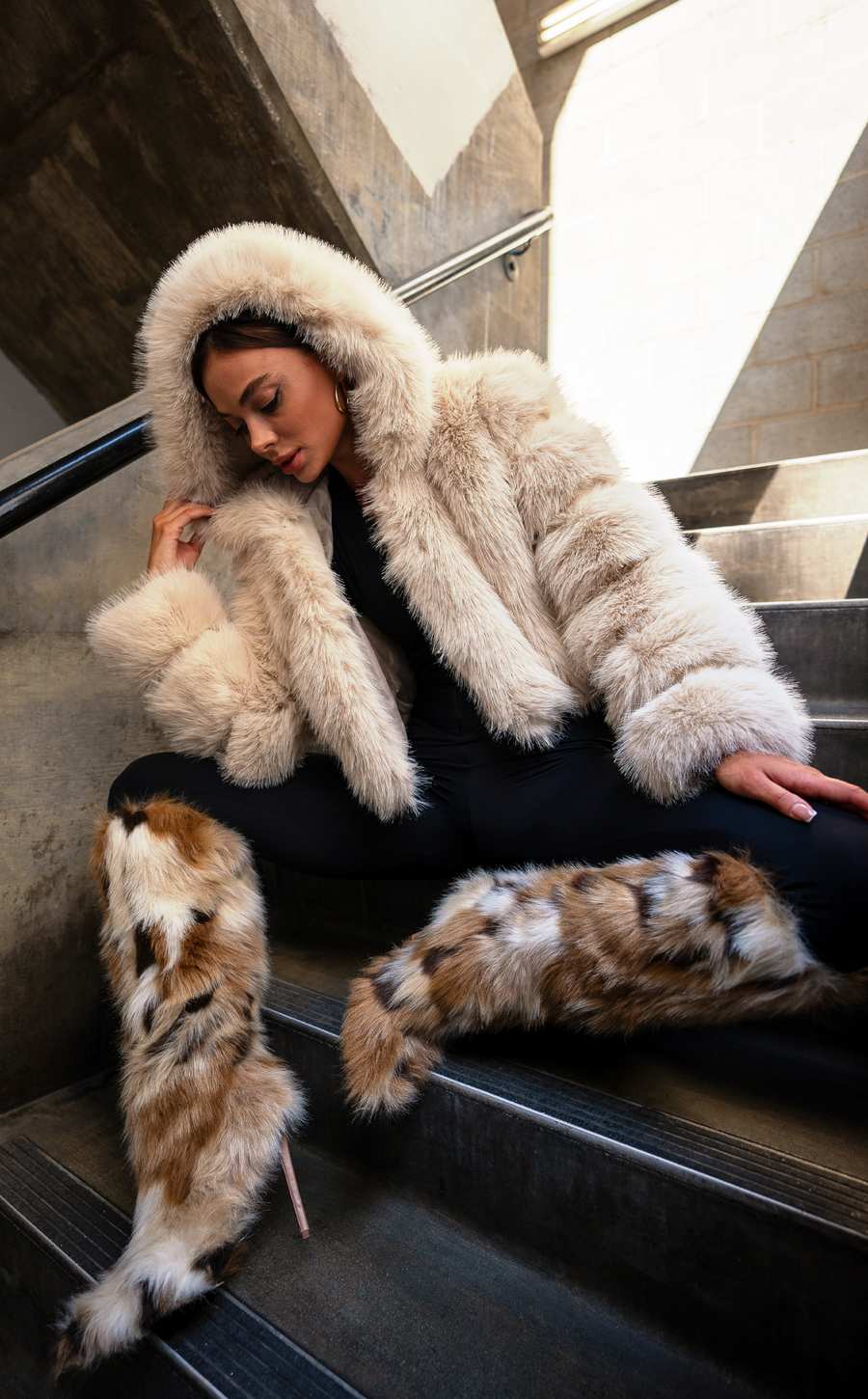 JOLENE-TAN HOODED FAUX FUR JACKET