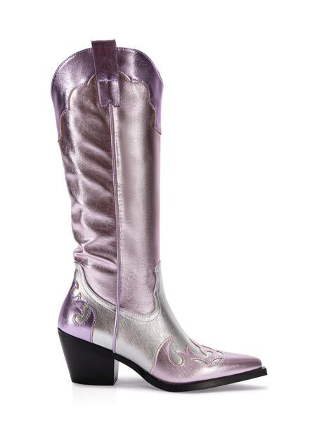 metallic pink and silver western style cowboy boot with a small block heel