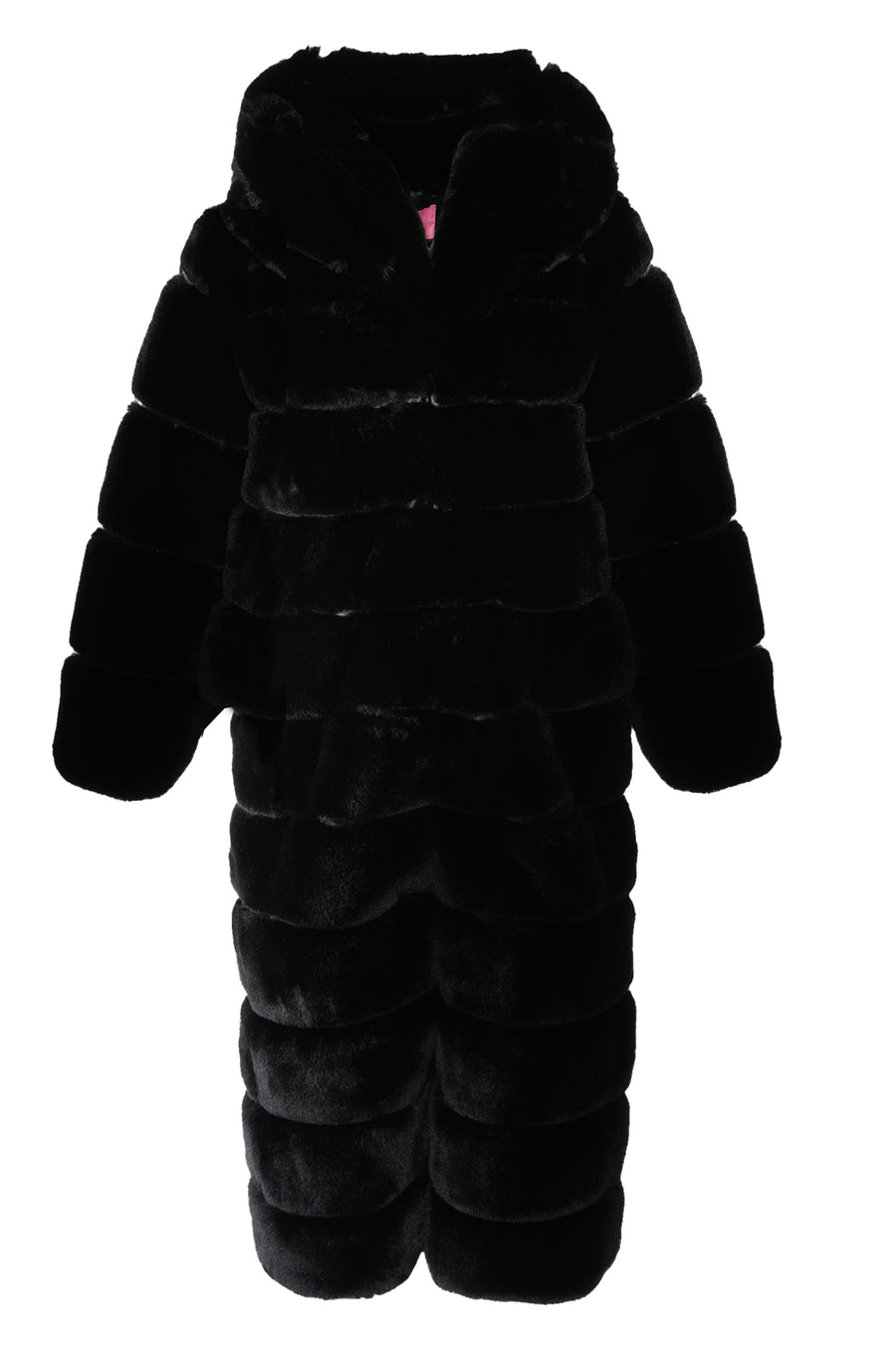 fluffy black faux fur trench coat with a hood