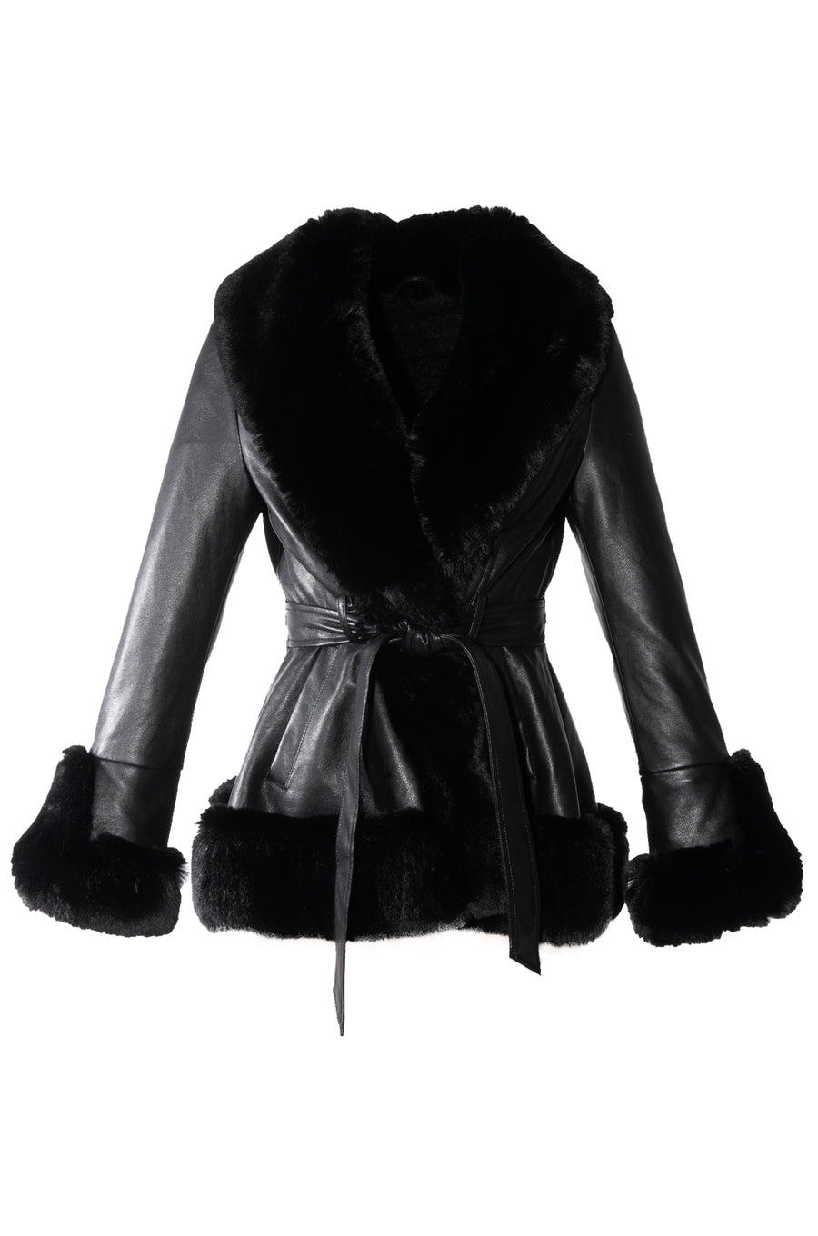Black plus sized faux leather jacket with a cinched waist and faux fur collar and cuff trim