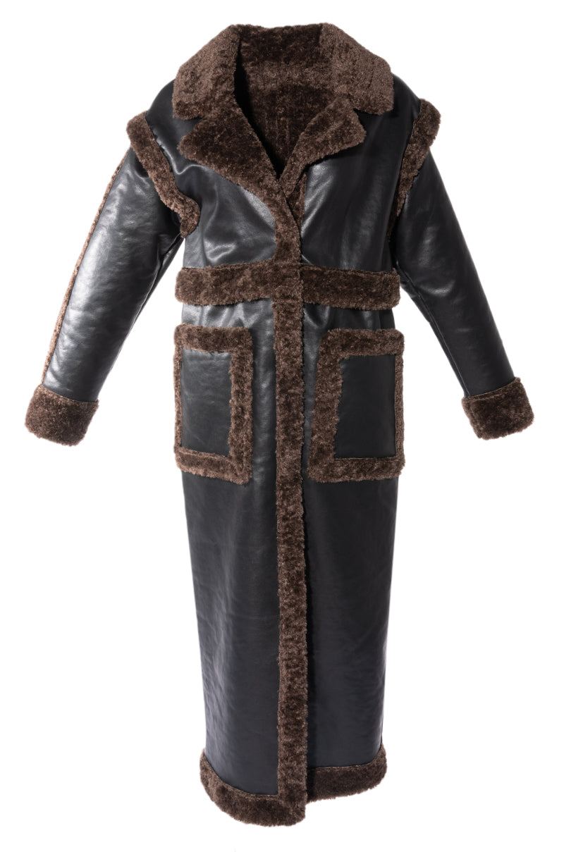 versatile faux leather black jacket with brown faux fur detail