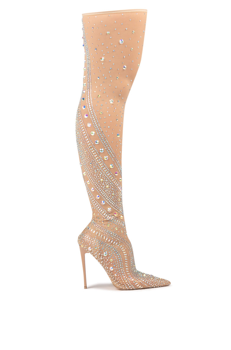 Rhinestone studded nude pointed toe thigh high stiletto boots