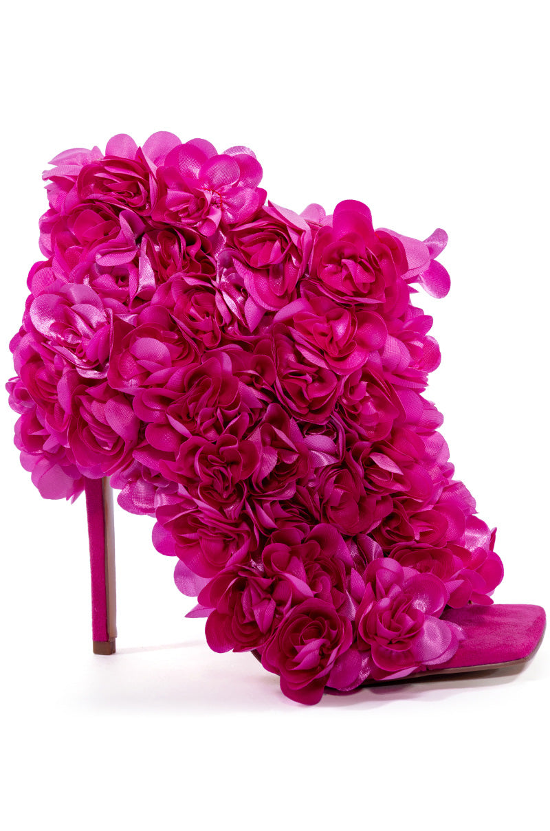 hot pink open toe stiletto statement heels with flower ruffles all over