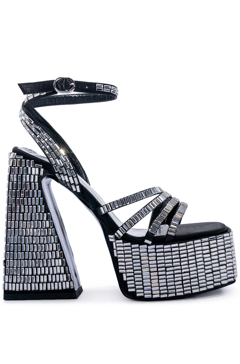 black platform open toe heels with shiny rhinestone detail and adjustable ankle strap