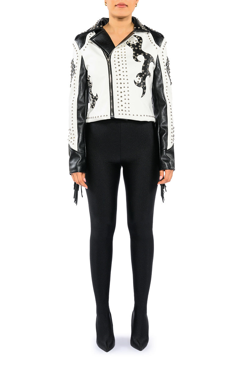 black and white faux leather moto jacket with western style cowboy detail