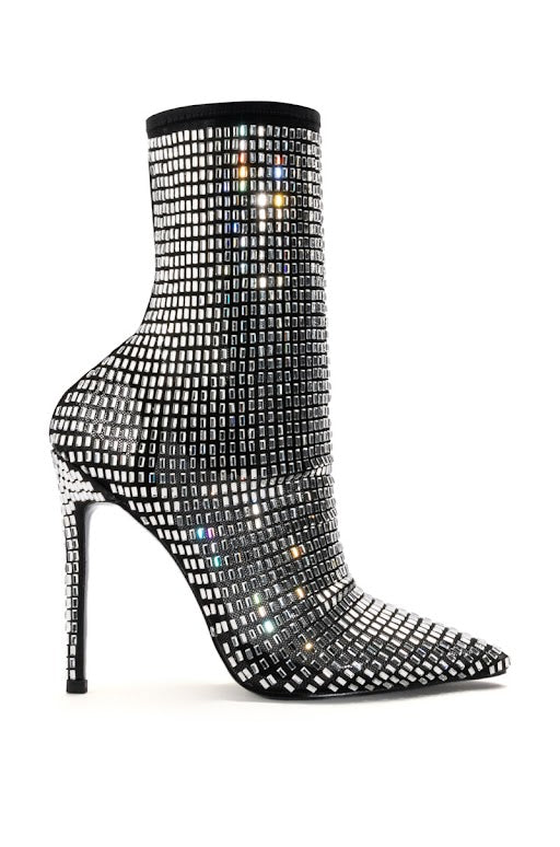 black mesh pointed toe boots with a stiletto heel and reflective rhinestone detail