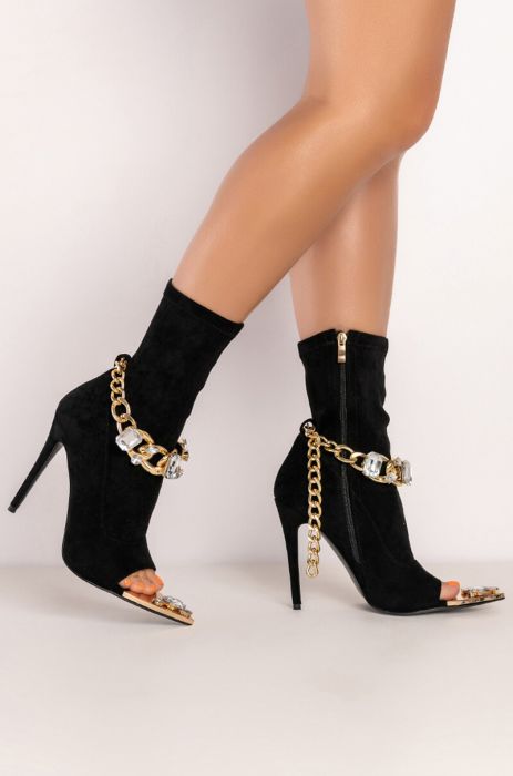 black open toe boot heels with gold chain accents