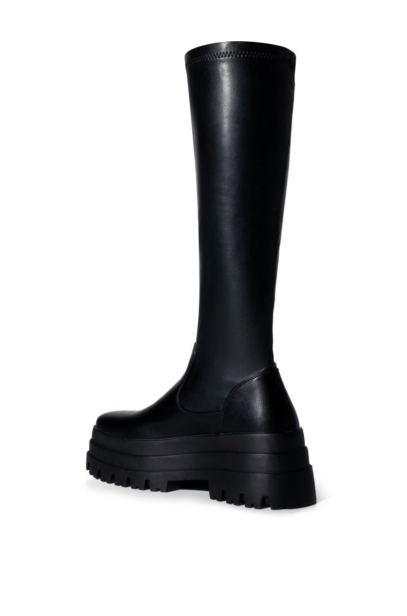 ARETHA-BLACK FLAT PLATFORM KNEE HIGH STRETCH BOOT