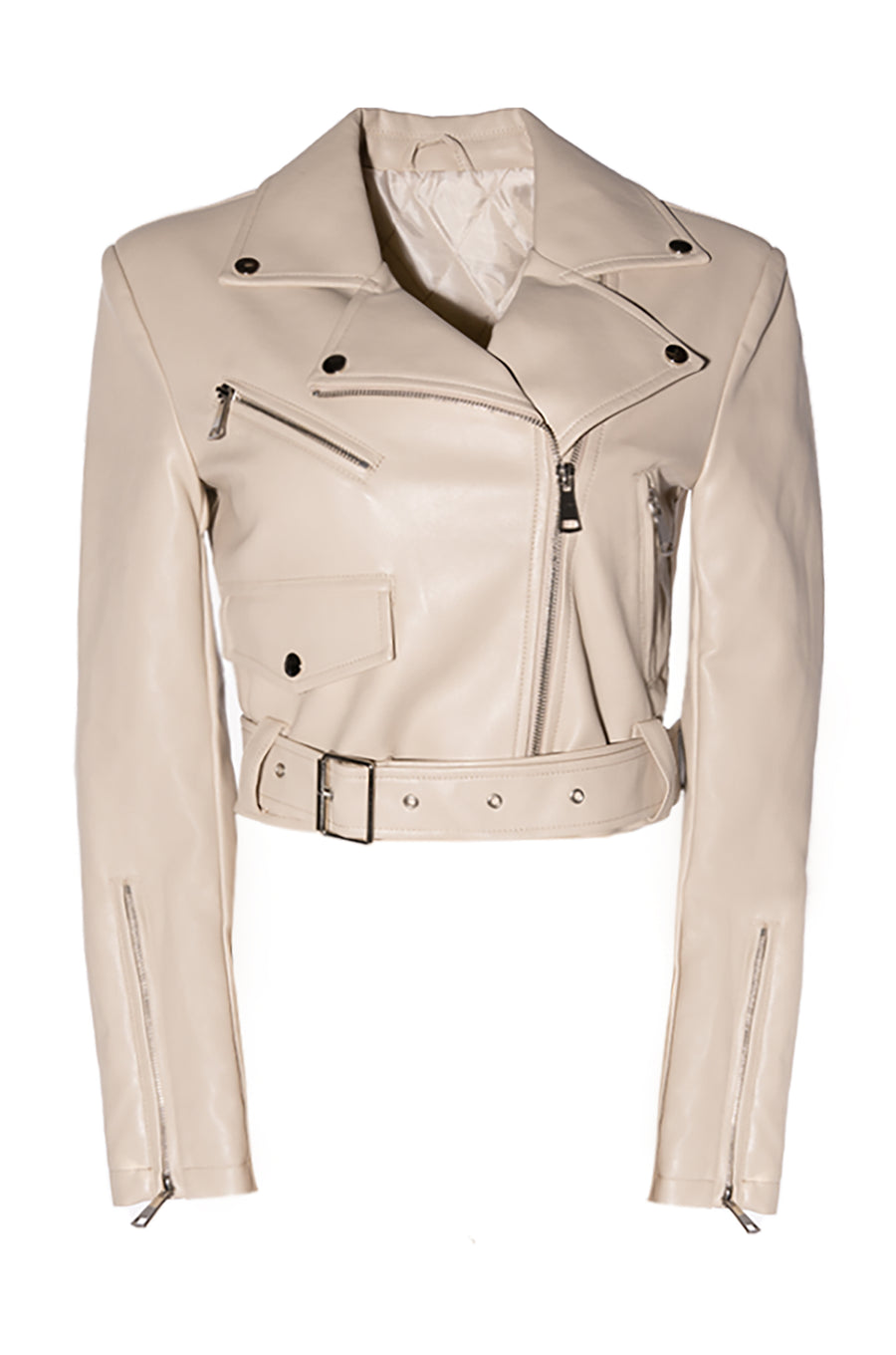 cropped cream motorcycle jacket with zipper and belt detail