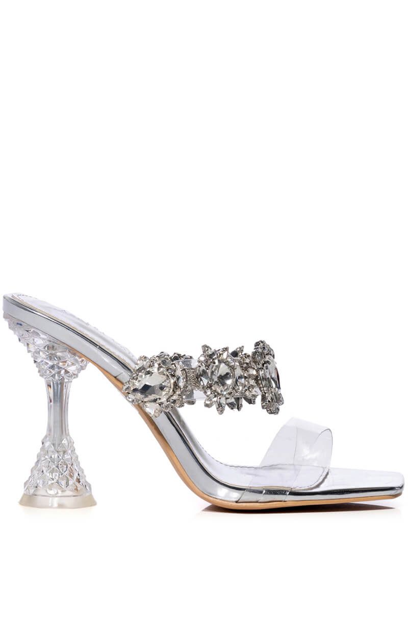open toe heel strappy sandals with crystal rhinestone band and structured heel