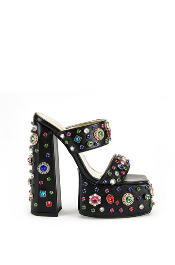 black platform open toe heels with colorful rhinestone gem detail