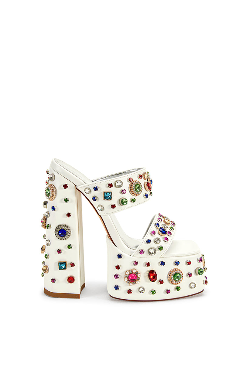 white platform open toe heels with colorful rhinestone detail