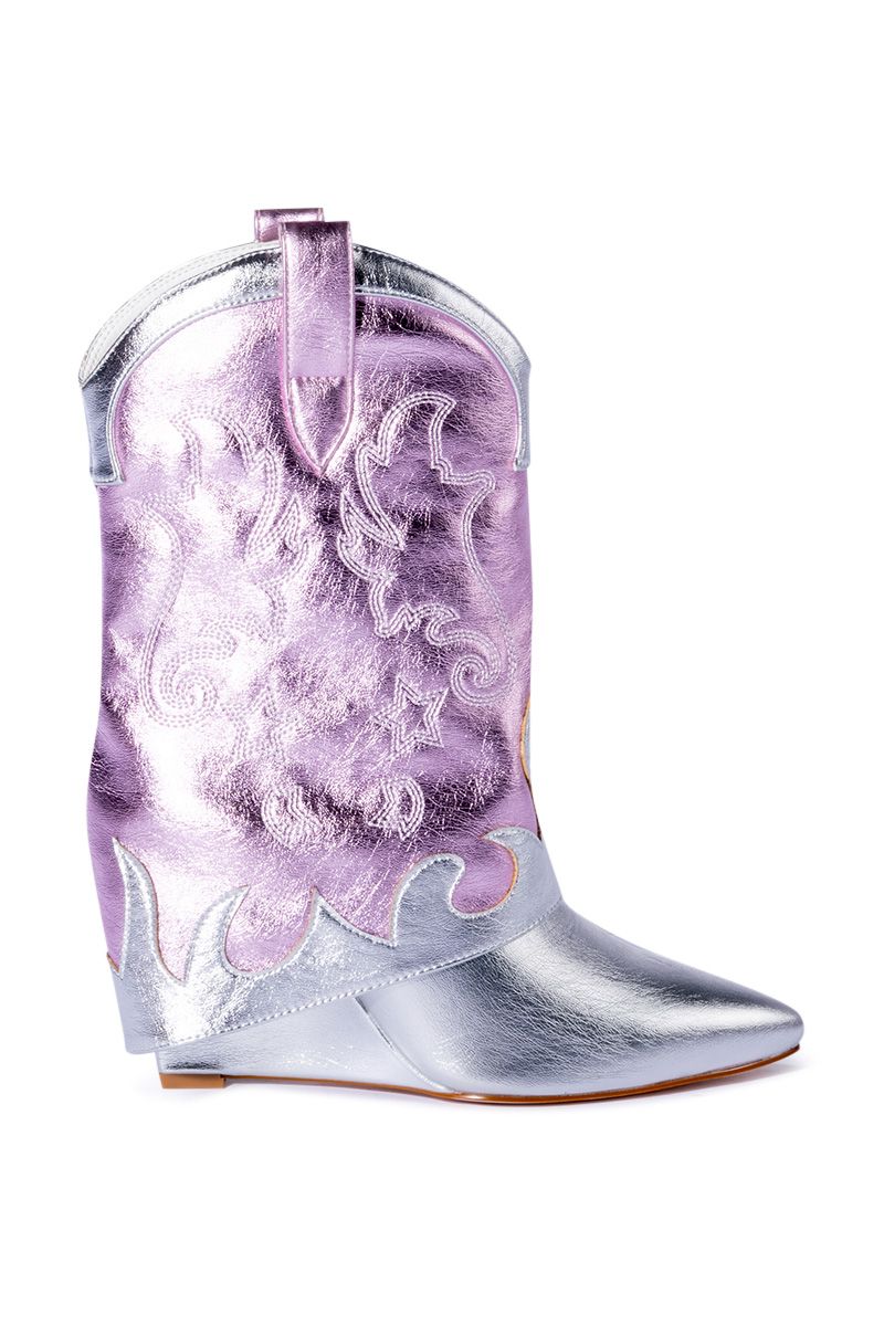 heeled western boots with foldover silhouette and baby pink and silver colorway