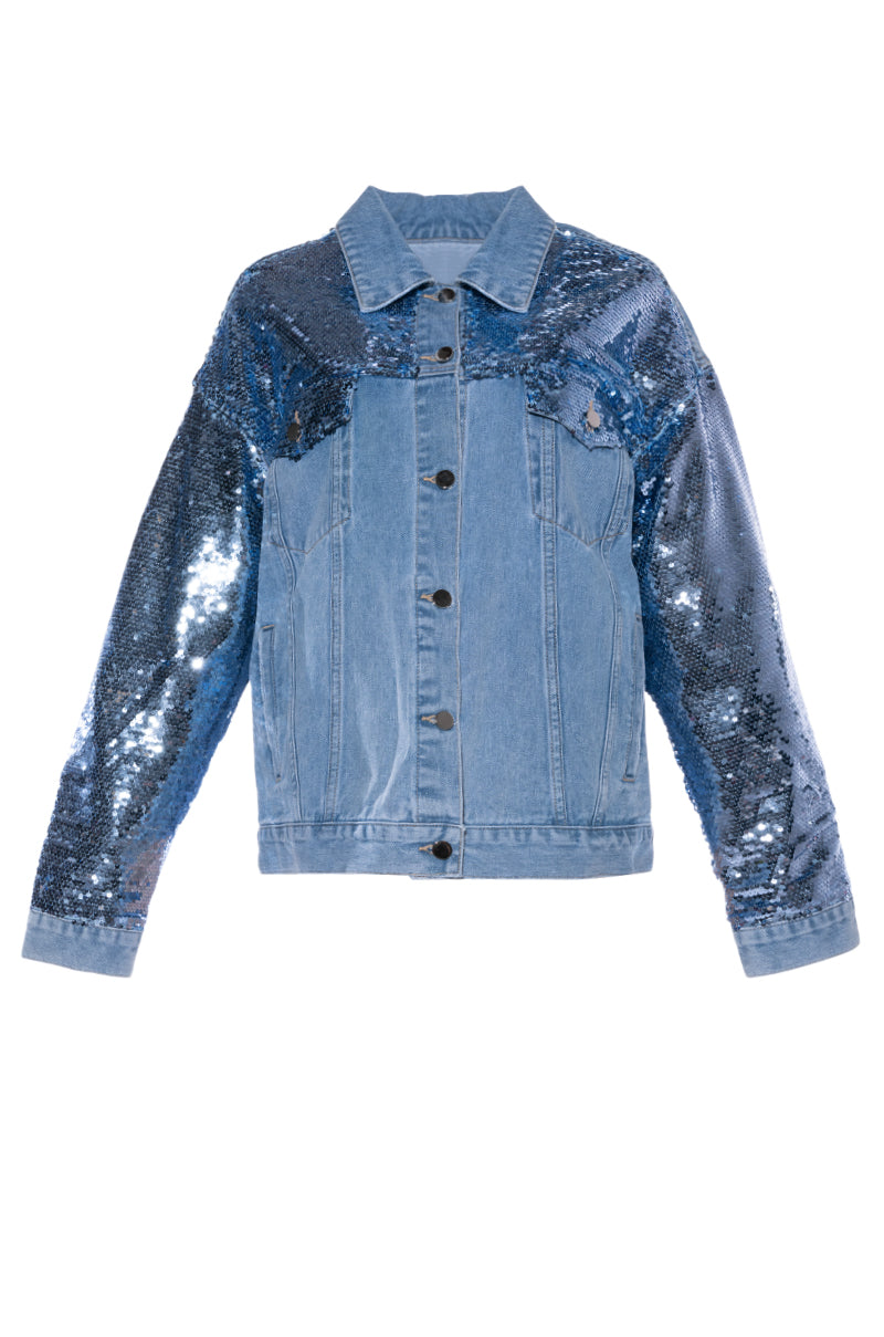 denim jacket with blue sequin fabric on the sleeve
