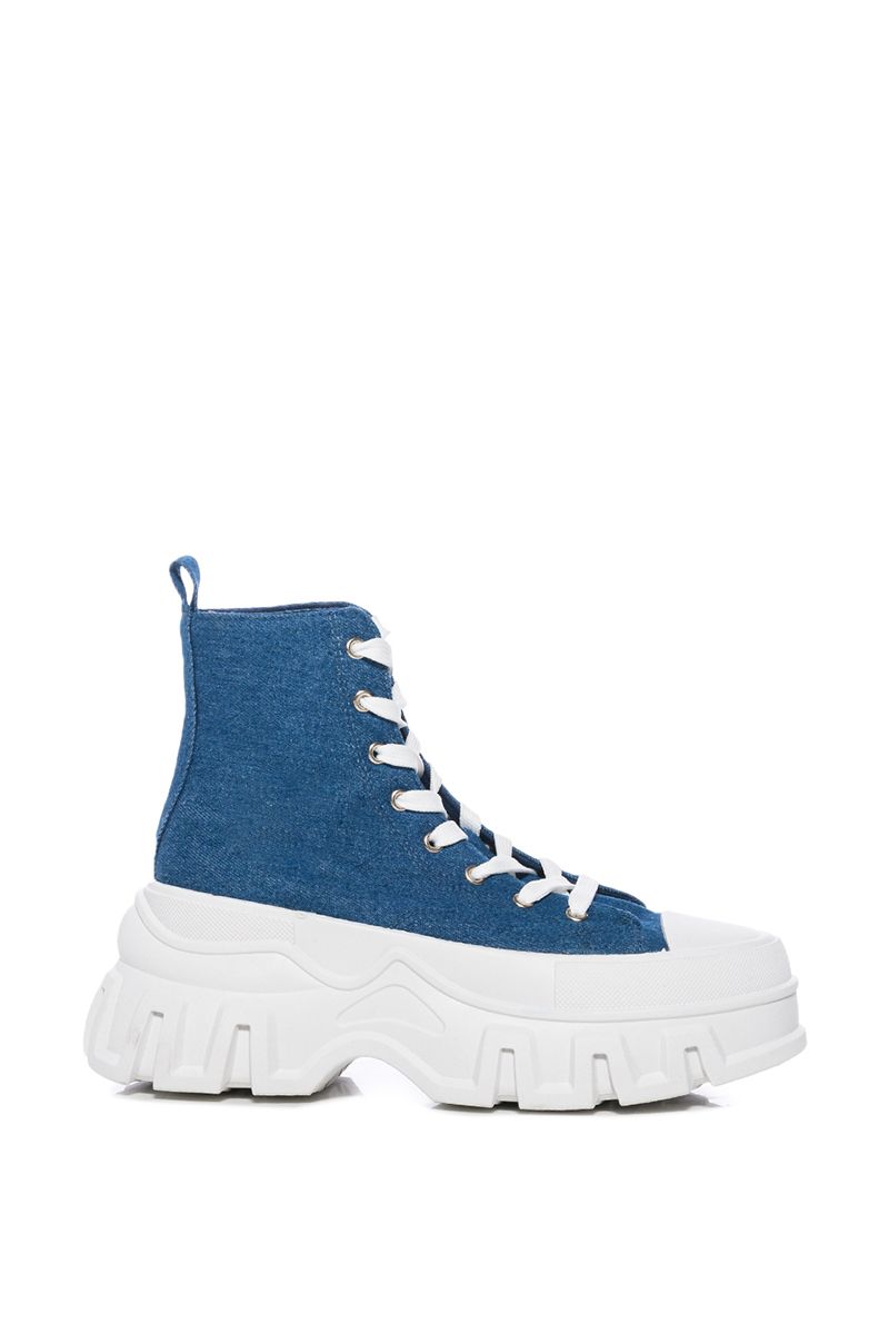 denim platform lace up sneakers with a chunky white sole and laces