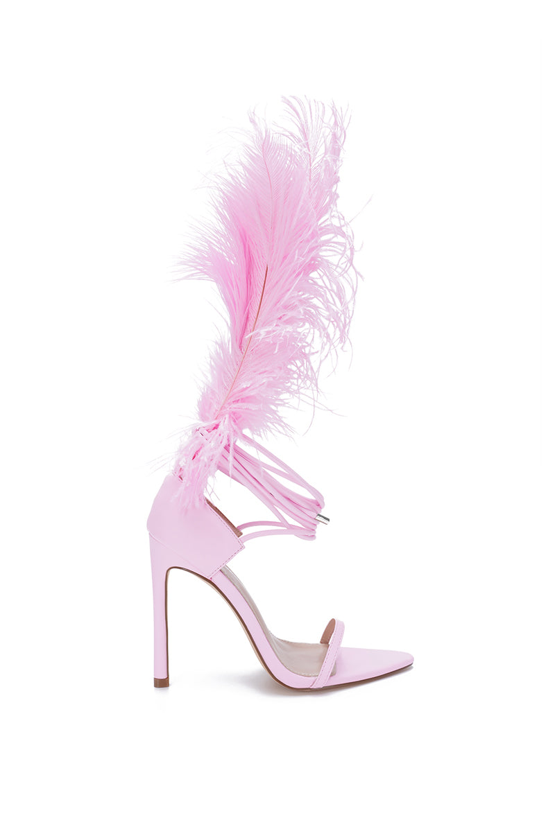 baby pink strappy heels with feather detail and lace up cords