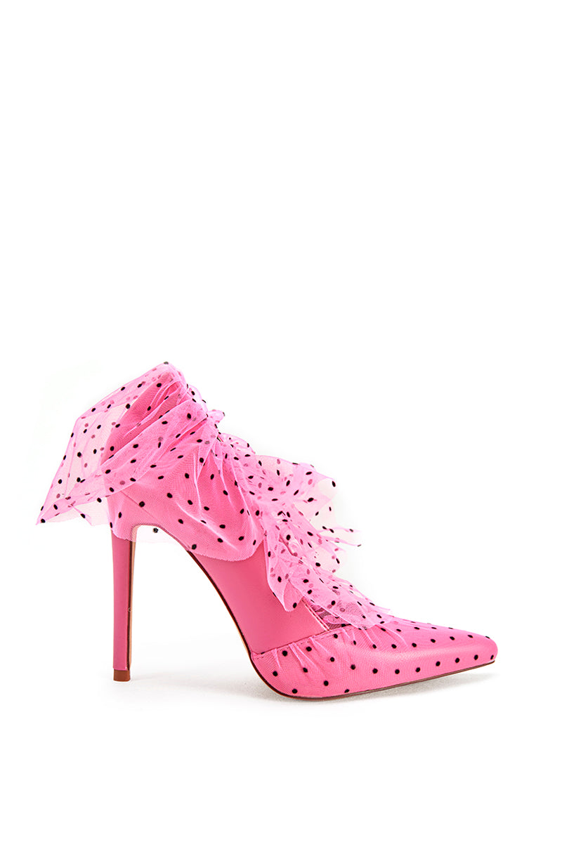flirty pink pointed toe heels with polka dot tulle detail
