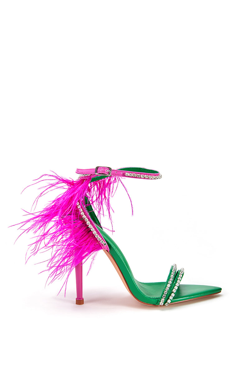 green open toe heels with hot pink feather detail