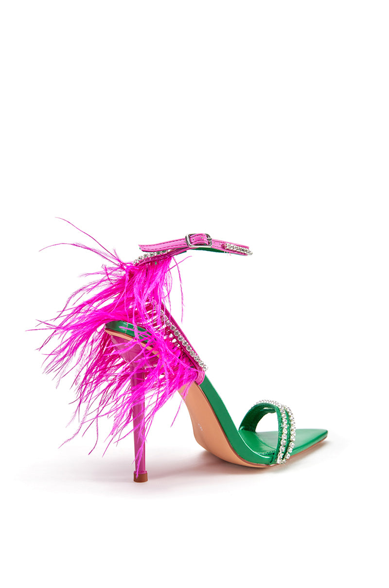 ELLA-GREEN FEATHER POINTED TOE HEELED SANDAL