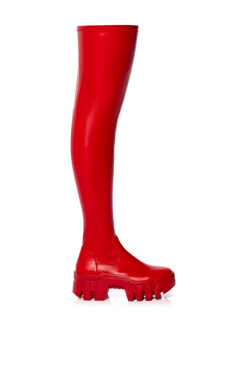 red flat platform stretchy thigh high boots