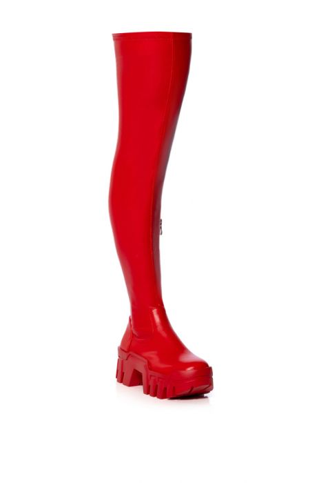 FAVORED-RED 4 WAY STRETCH CHUNKY THIGH HIGH BOOT