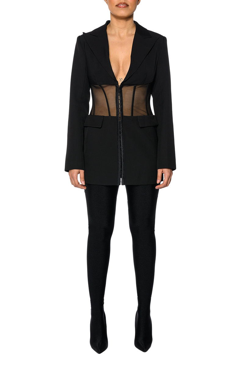 structured black blazer with a mesh corset waist detail