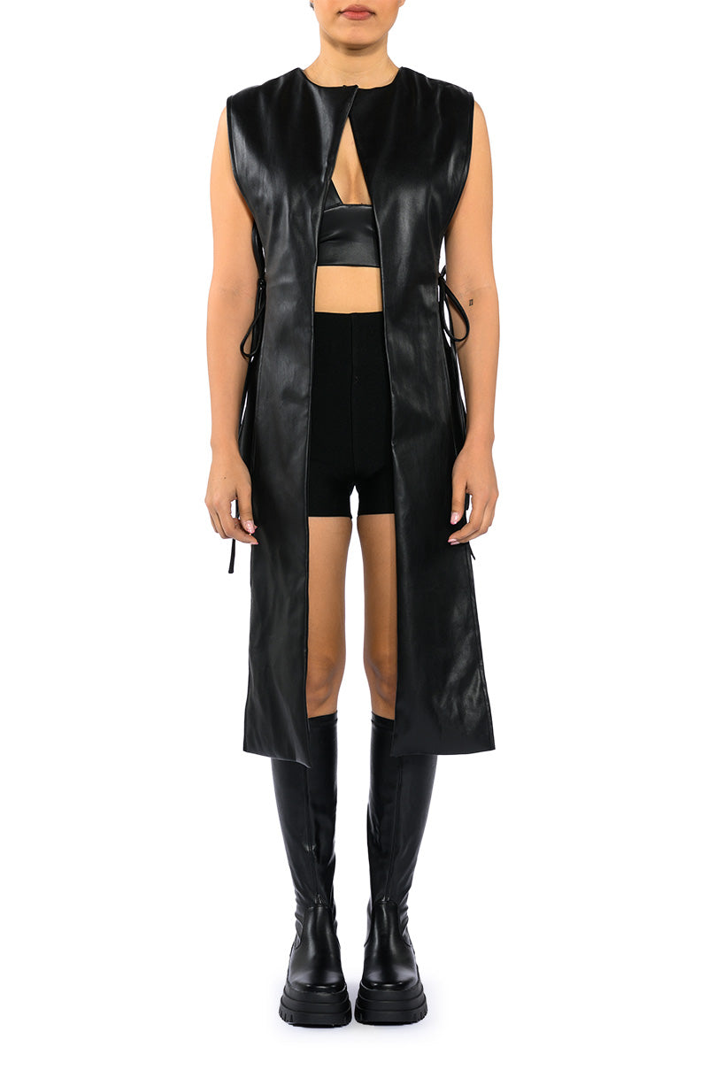 faux leather nude black vest with tie up straps at the sides