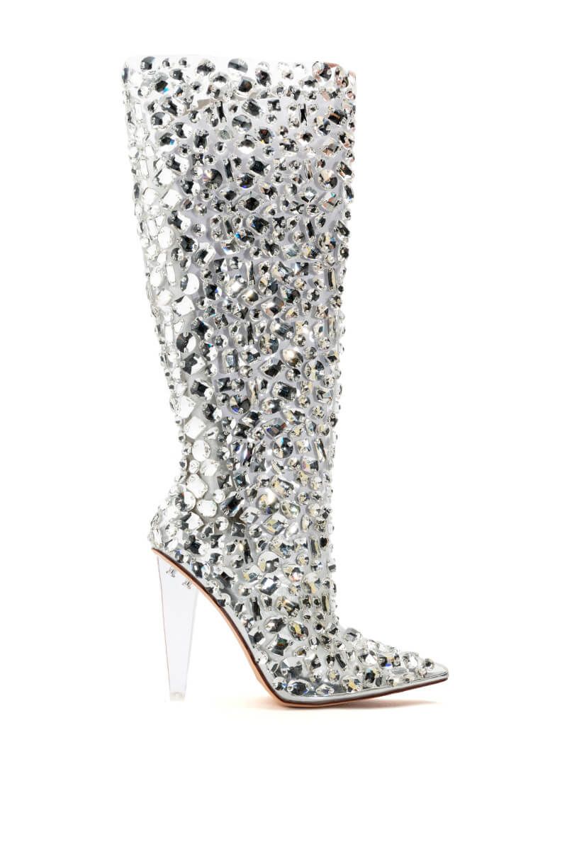 clear pvc stiletto heel statement boots with crystal rhinestone details all over the shoe