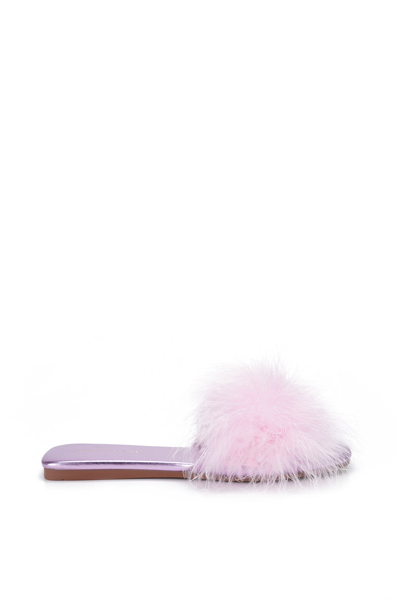 fluffy baby pink slip feather embellished flat sandals