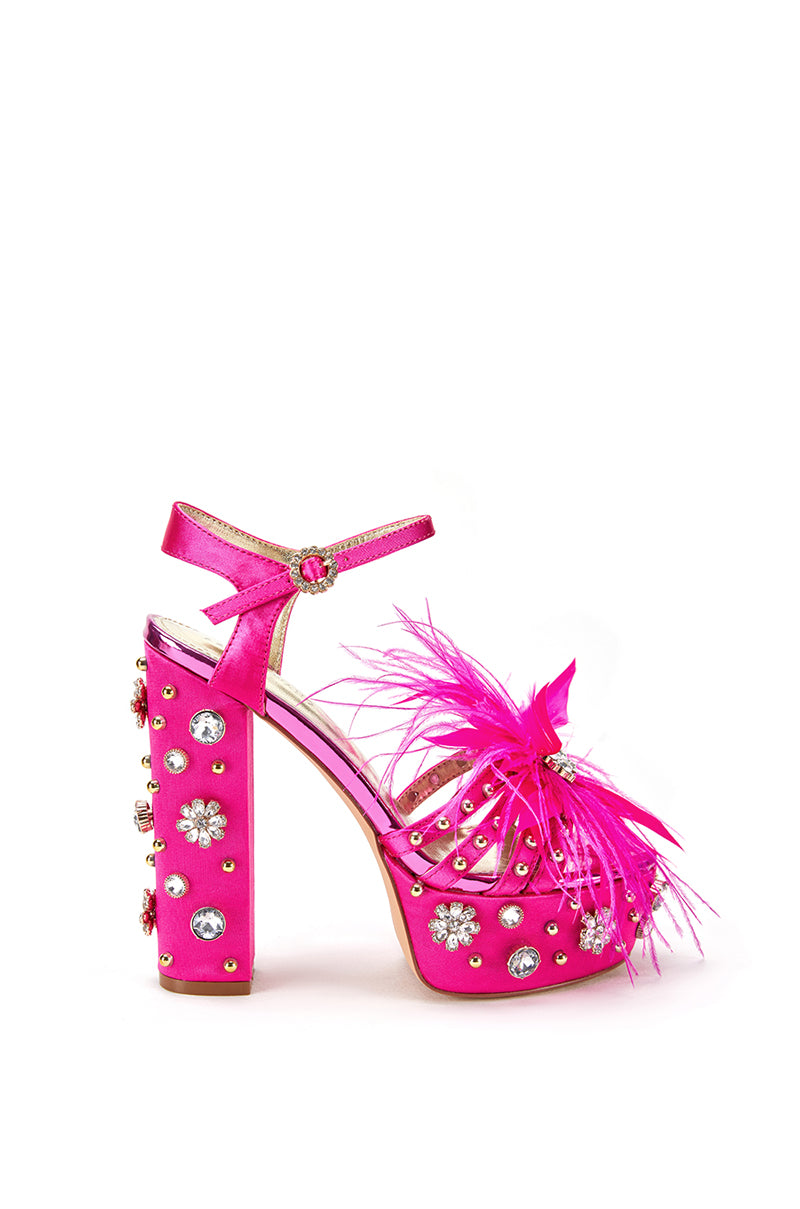 hot pink platform open toe heels with rhinestone pearl and feather embellishment