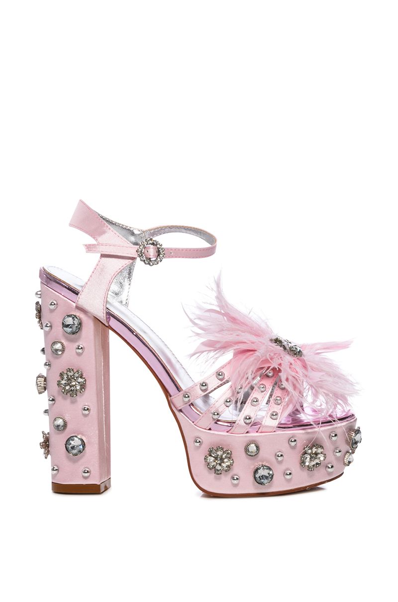 baby pink platform open toe heels with rhinestone pearl and feather embellishment