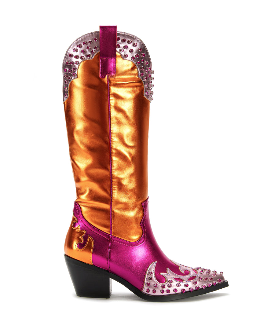 metallic orange and pink western style cowboy boots with a block heel and rhinestone embellishment