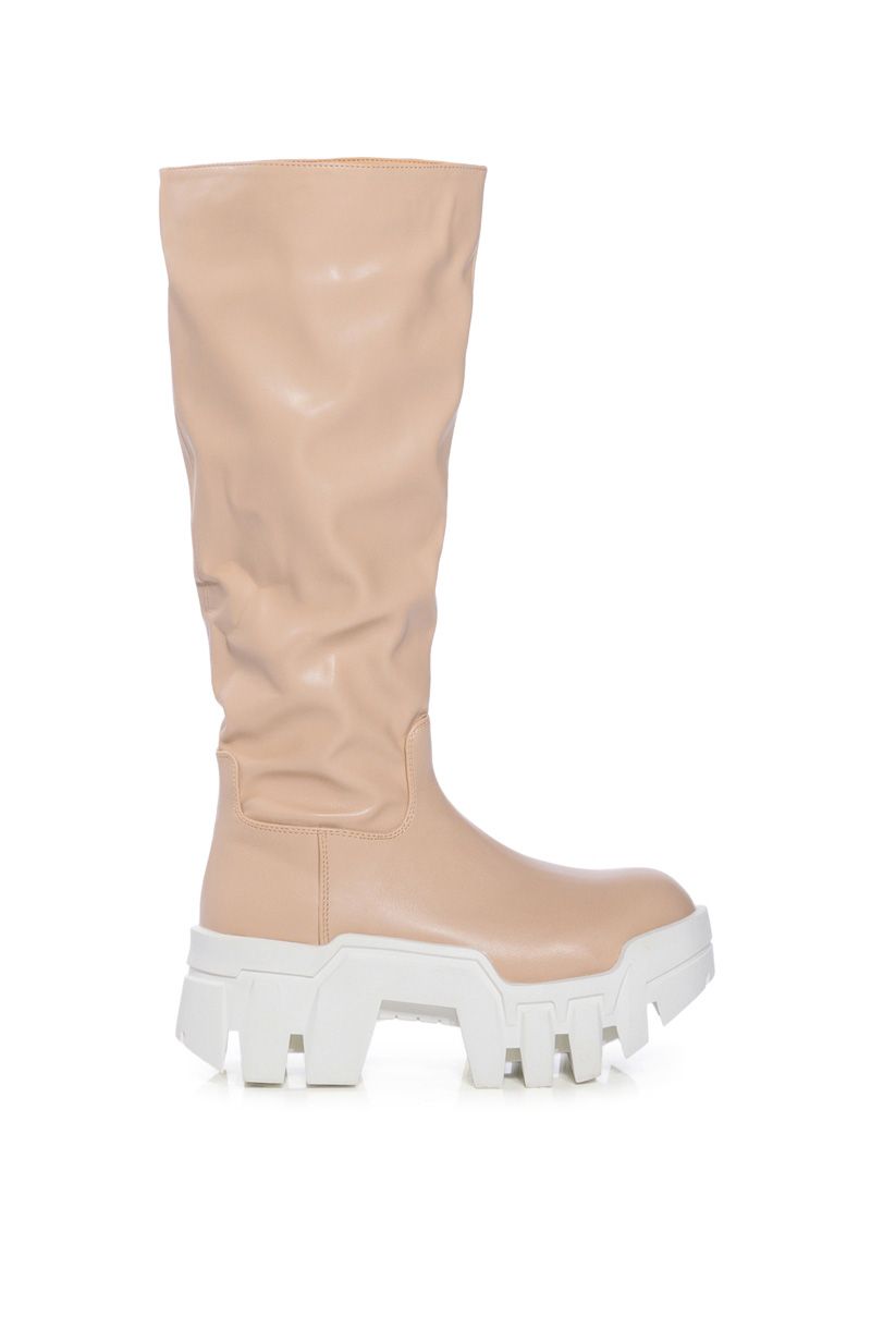 platform nude faux leather boots with a chunky sole and scrunched leather shaft