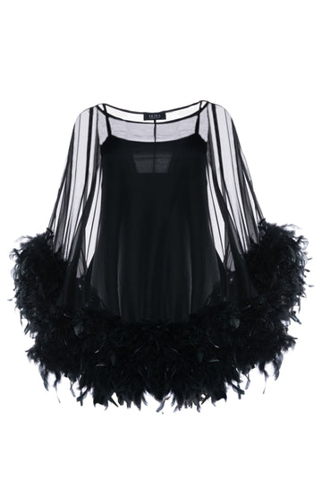black mini slip dress with mesh overlay and black feather lining