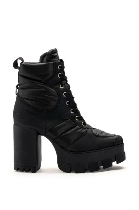 black platform heeled boot with lace up silhouette 
