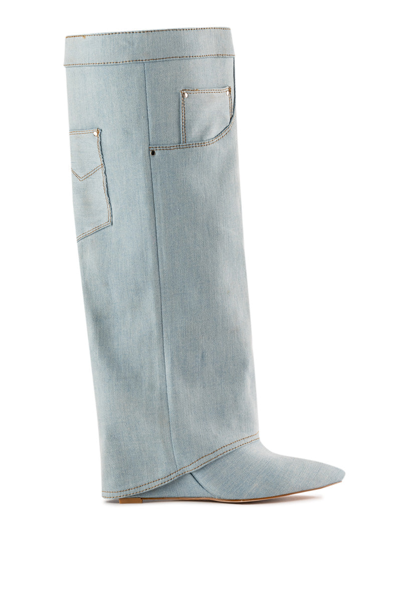 light wash blue denim pointed toe boots with fold over silhouette and denim jean accent