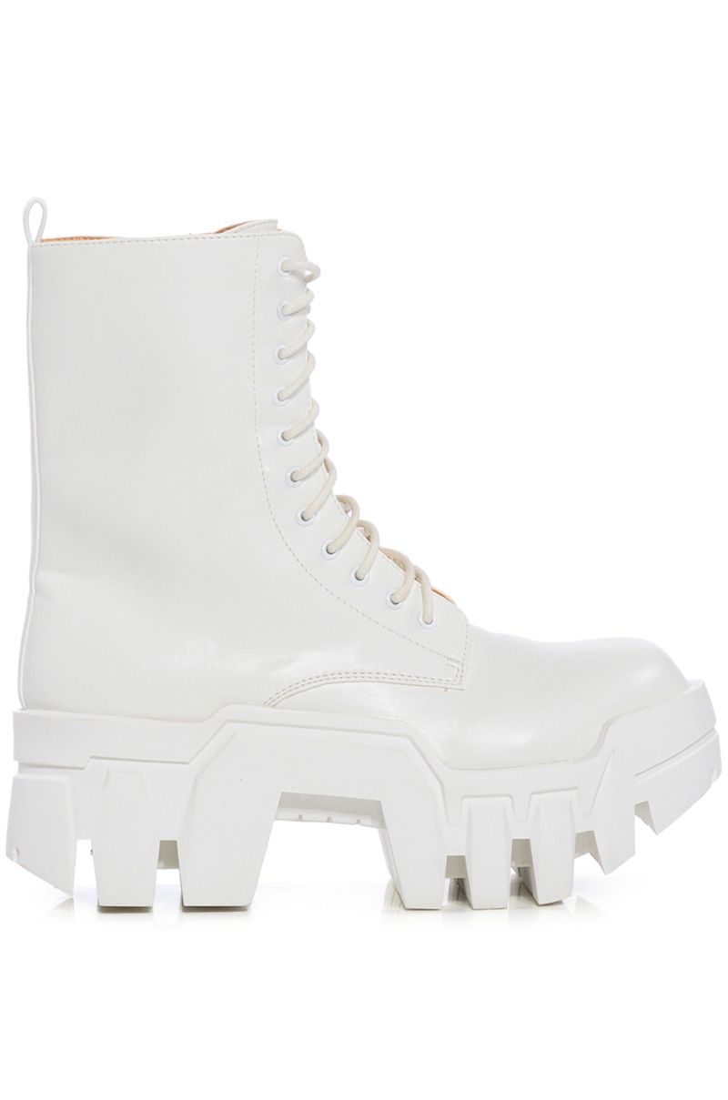 chunky white faux leather combat boots with laces and white platform sole