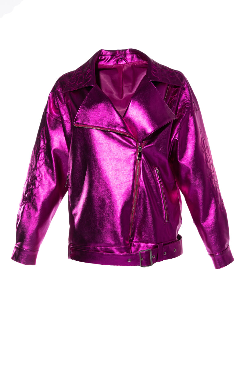 metallic hot pink moto statement jacket