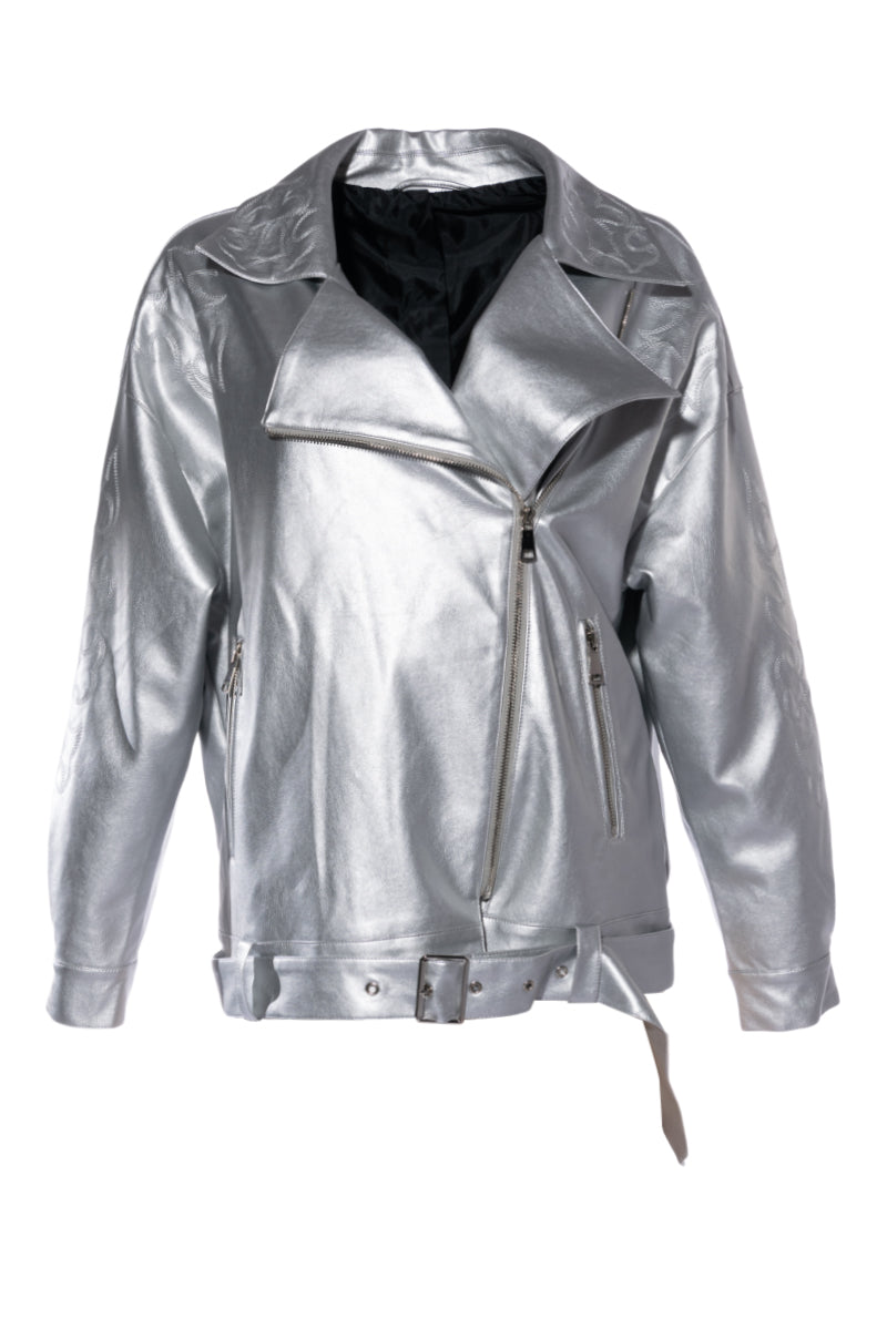 metallic silver moto statement jacket