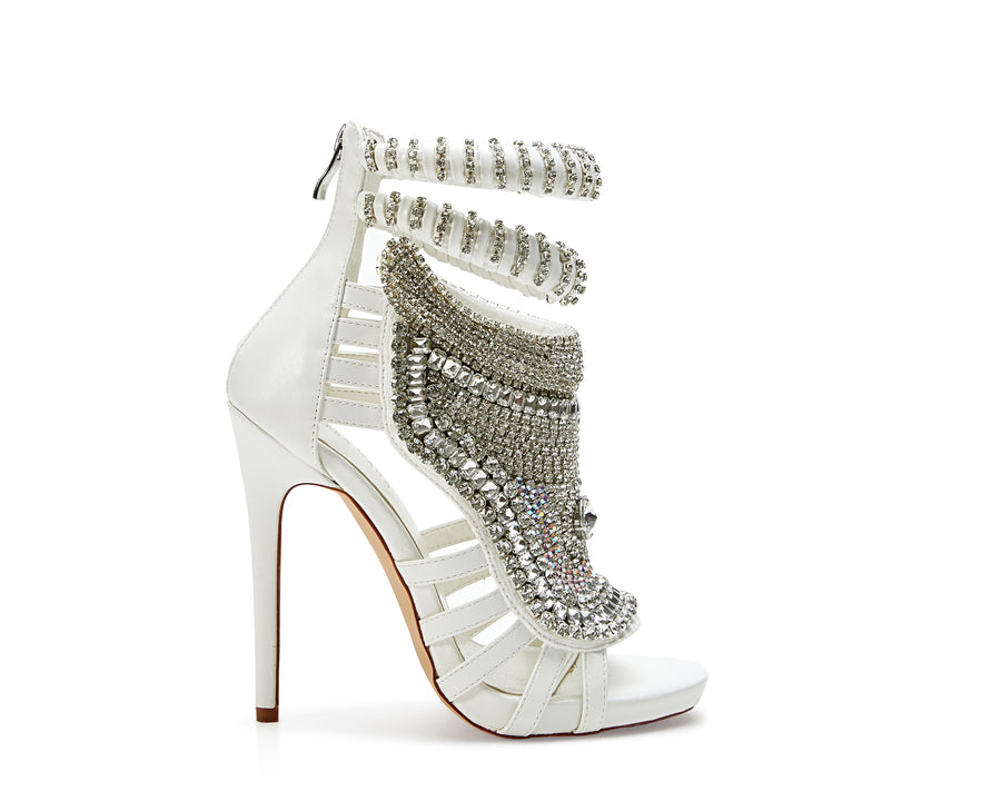 shiny rhinestone embellished peep toe stiletto heels with back zip closure
