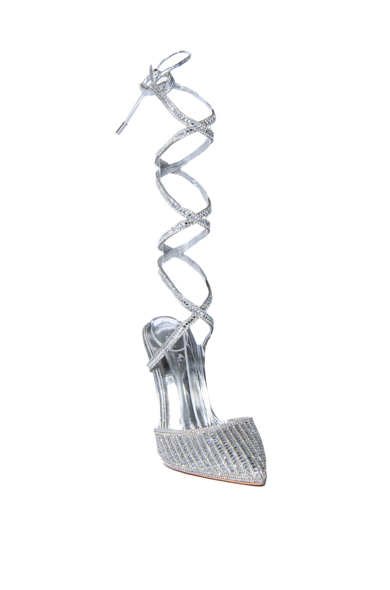 RISS-SILVER CRYSTAL ANKLE WRAP PUMP