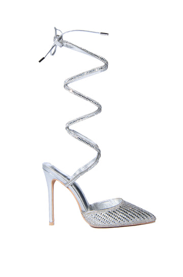 silver stiletto heels with rhinestone embellished front and wrap up cords