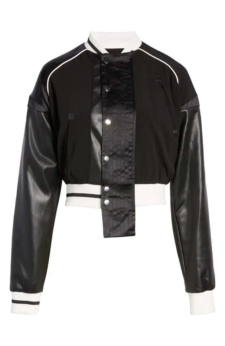 cropped black varsity jacket with white collar and cuffs with faux leather sleeves