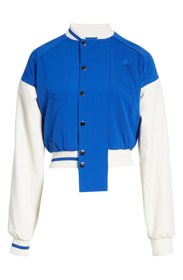 cropped blue varsity jacket with white sleeves and collar