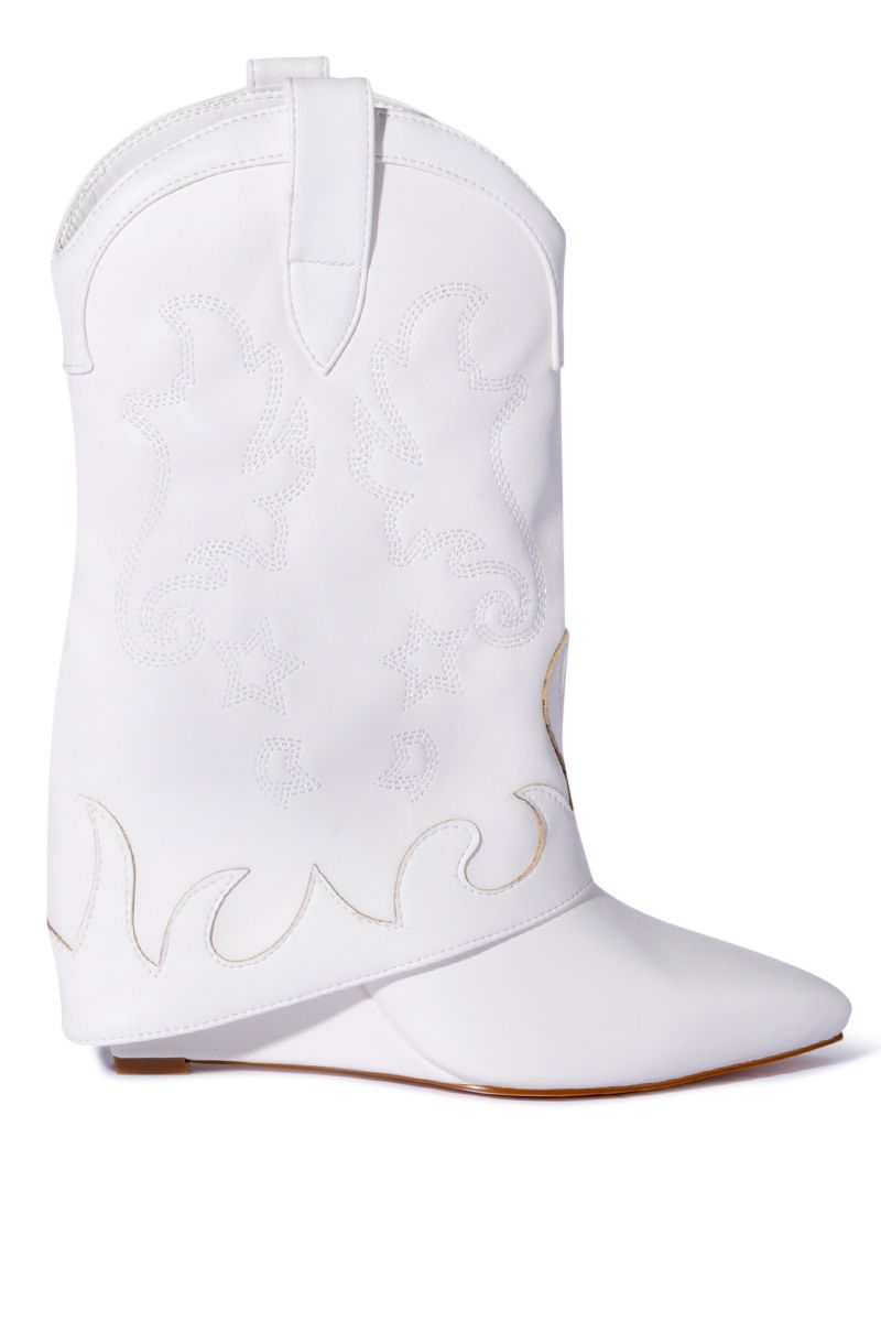 white pointed toe western inspired cowboy boots with fold over silhouette